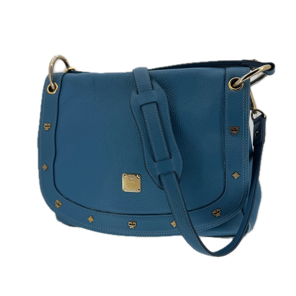 MCM Blue Pebbled Leather Studded Flap Crossbody Messenger Hobo Bag Gold Hardware